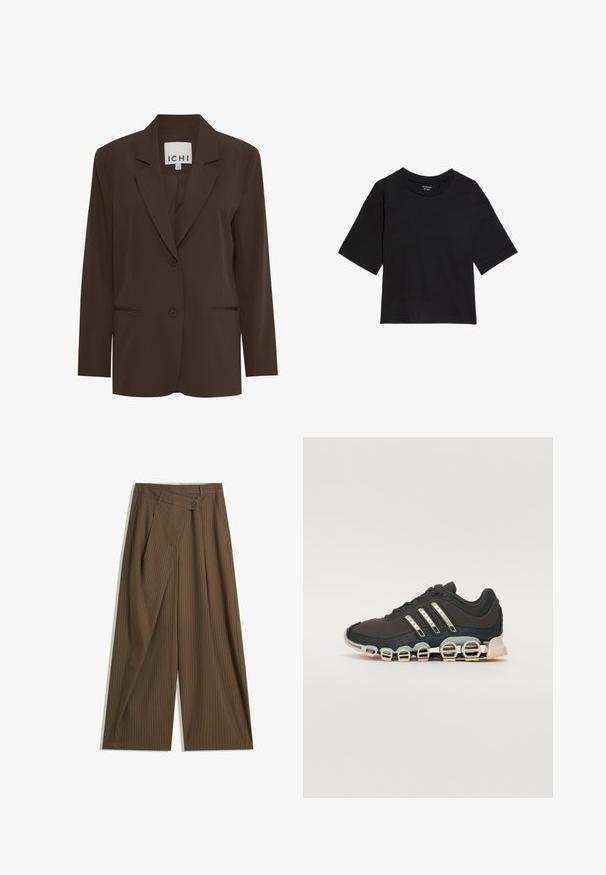 Brun, skræddersyet blazer med klapkrave, to frontknapper og to diskrete lommer; glat stof med en struktureret pasform.; Sort t-shirt med korte ærmer lavet af blødt bomuldsstof. Har en rund halsudskæring og en afslappet pasform. Sømdetaljer ved ærmerne og kanten.; Brune brede bukser med fine hvide striber, høj talje, for-trykknaplukning og omslags-panel i front.; Sort træningssko med en tekstureret overdel, tre sølvstriber og en karakteristisk støttende sål med flere integrerede sektioner.