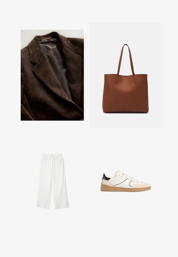 Brun fløjl blazer med en glat grå satinforing, der har udsnit lapeller og en tekstureret overflade.; Hvid kortærmet t-shirt lavet af bomuld. Har en rund halsudskæring og en afslappet pasform. Glat tekstur uden synlige mønstre eller detaljer.; Hvide bukser med vidde lavet af blødt stof, med bindebånd i taljen og to forlommer. Glat tekstur og uden synlige mønstre.; Stradivarius Sneakers - white; Brun læder tote taske med en glat overflade, åben topdesign og to skulderremme. Har minimal syning og ingen synlig hardware.