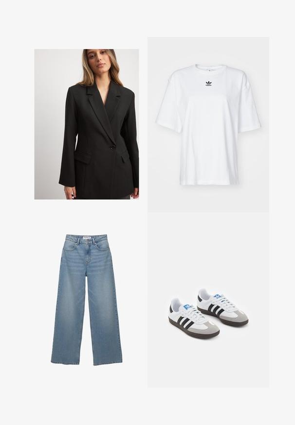 Črn eleganten blejzer s športnim ovratnikom in zapiranjem na en gumb, ki vključuje dva sprednja žepa in strukturirano prileganje.; Bela kratka majica s kratkimi rokavi iz bombaža. Ima krožni ovratnik in majhen črn Adidasov logotip na prsih. Ravna podoba.; Svetlo modri široki jeans iz denima. Ima visok pas, pet žepov in ravno kroj z minimalnim bledenjem.; Športni čevlji z belim usnjenim zgornjim delom, sivim semišem na prstih in tremi črnimi črtami. Imajo modro logo na jeziku in teksturiran gumijast podplat.