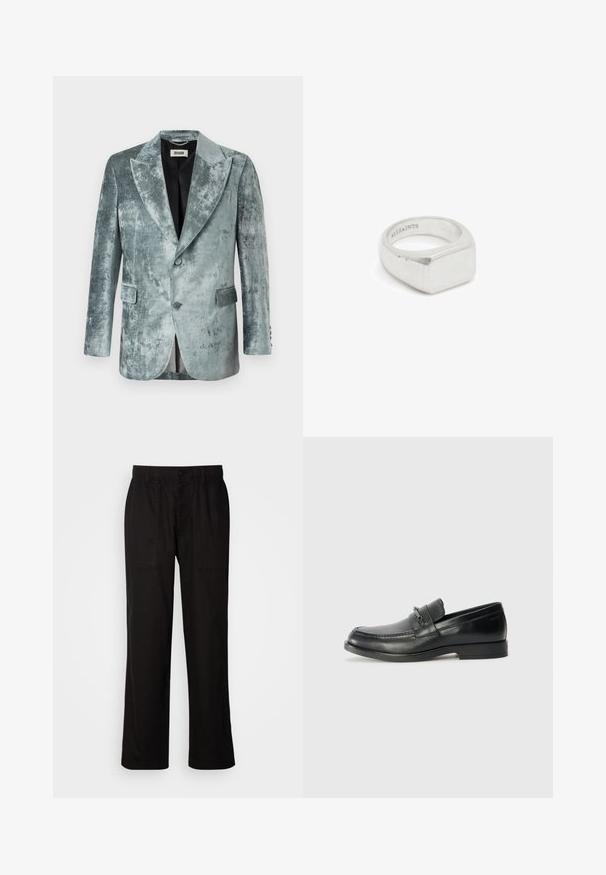 DRYKORN JACATO - Blazer jacket - green; Two plain cotton T-shirts, one black placed in front of a white one, both with short sleeves and round necklines.; Black pants with a relaxed fit, made from lightweight fabric. Features an elastic waistband, button closure, and two front pockets.; Black leather loafers with a rounded toe, featuring a stitched design, a small front strap with hardware detailing, and a flat rubber sole.; Silver-tone ring with a geometric shape featuring a flat top and polished finish, marked with "ALLSAINTS" on the inner band.