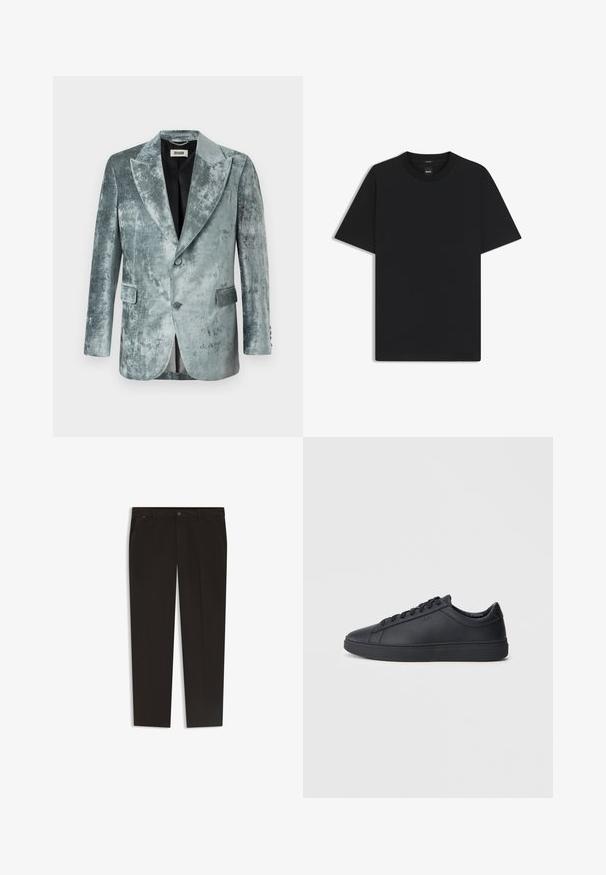 DRYKORN JACATO - Blazer jacket - green; Black short-sleeve T-shirt made from a smooth cotton blend, featuring a crew neckline and a minimalistic design with no patterns or accents.; Black trousers with a straight leg design, made from a smooth fabric. Features a button closure and front pockets. No visible patterns or accents.; Black sneakers made of smooth leather with a low-top design, round toe, and flat rubber sole. Features laces and subtle branding.