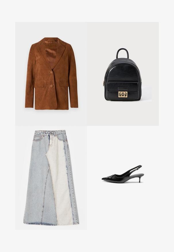 Brown suede blazer with a notched lapel, two front pockets, single button closure, and smooth satin lining.; White long-sleeve button-up shirt in a smooth cotton blend. Features a classic collar, front button closure, and rounded cuffs.; Denim skirt featuring a patchwork design with light and medium blue sections, frayed hems, and a high waist. Classic five-pocket style.; Black leather slingback heels with a pointed toe, small kitten heel, and a decorative knot detail on the front. Smooth texture throughout.; Black leather mini backpack with front zip pocket and gold-tone Love Moschino logo plaque on white background.
