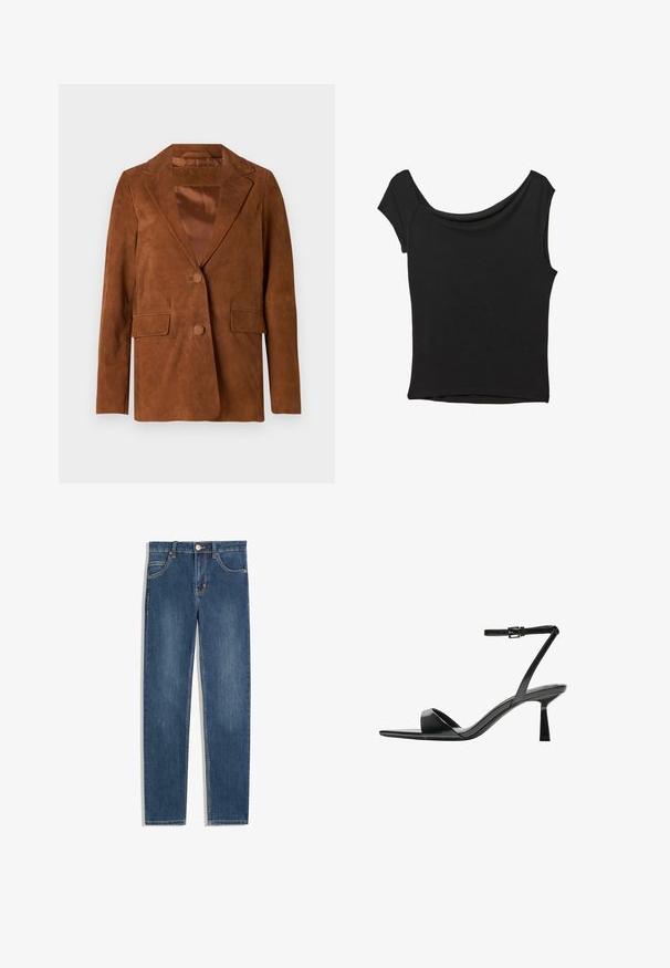 Brązowy zamszowy żakiet z wykładanym kołnierzem, dwoma przednimi kieszeniami, zapięciem na jeden guzik oraz gładką satynową podszewką.; Czarna bluzka z krótkim rękawem, wykonana z gładkiego materiału; posiada dekolt w stylu drapowanym oraz asymetryczny dół, z dopasowanym krojem.; Ciemnoniebieskie dżinsy o prostym kroju, pięć kieszeni, subtelne detale w szwach oraz metalowy guzik w talii.; Bershka - Sandały na obcasie