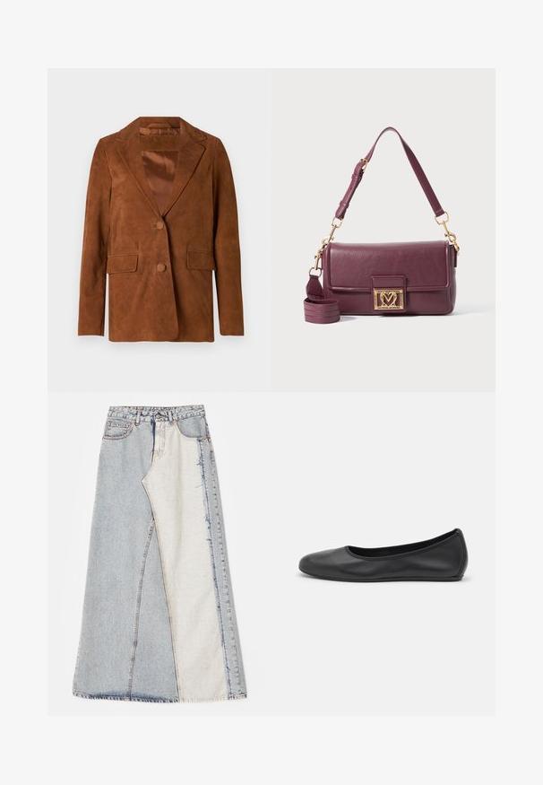Brown suede blazer with a notched lapel, two front pockets, single button closure, and smooth satin lining.; White long-sleeve collared shirt made of cotton. Features a button-down front and a single chest pocket. Smooth texture, relaxed fit.; Denim skirt featuring a patchwork design with light and medium blue sections, frayed hems, and a high waist. Classic five-pocket style.; Black leather ballet flat with a rounded toe, smooth texture, minimal stitching detail, and a flexible sole design.; Dark purple leather shoulder bag with gold heart-shaped clasp and adjustable top strap on white background.