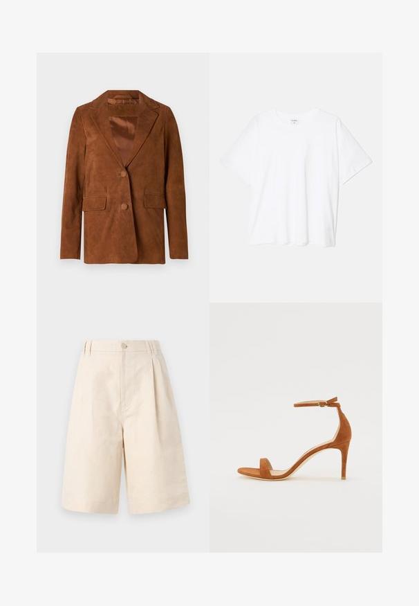 Smeđi antilop sako s izrezanom reverom, dva prednja džepa, zatvaranje na jedno dugme i glatka satenska podstava.; Bijela pamučna majica s kratkim rukavima, okruglim izrezom, opuštenim krojem i šivenim rubom. Etiketa je vidljiva na unutarnjoj strani vrata.; Bež lanene kratke hlače s opuštenim krojem, koje imaju zatvaranje na dugme, nabran dizajn i dužinu do koljena. Glatka tekstura i jednostavan stil.; Smeđe nubuk sandale s visokom petom koje imaju tanki remen oko gležnja s zlatnom kopčom, otvoreni prst i elegantan, minimalistički dizajn.