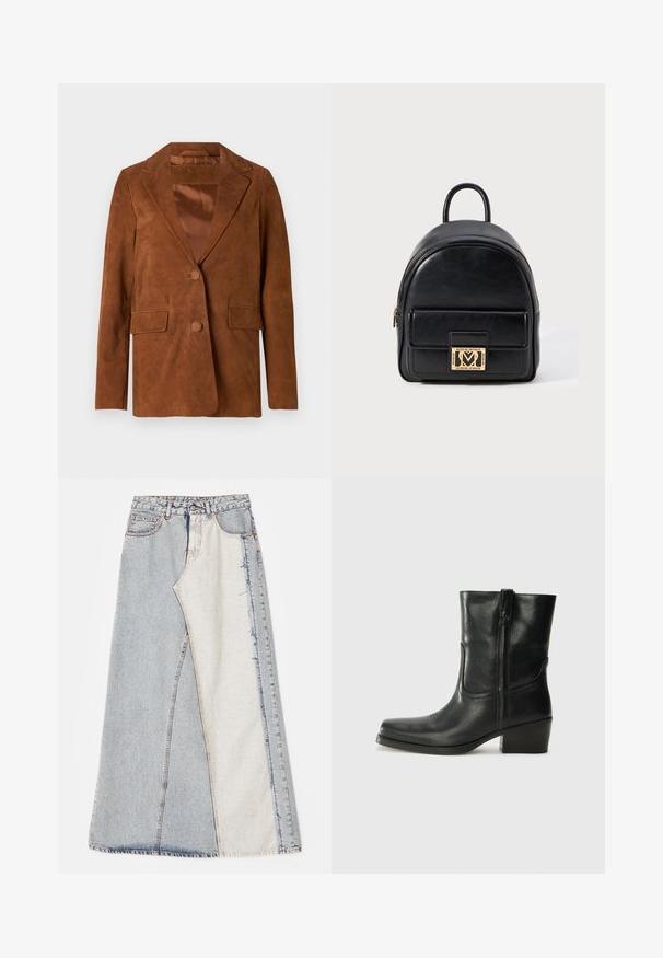 Brown suede blazer with a notched lapel, two front pockets, single button closure, and smooth satin lining.; Black tank top with thin spaghetti straps, made of a ribbed fabric, featuring a straight cut and a label at the neckline reading "IVY OAK."; Denim skirt featuring a patchwork design with light and medium blue sections, frayed hems, and a high waist. Classic five-pocket style.; Black leather ankle boot with a rounded toe, block heel, side zipper, and stitching accents on the vamp. Smooth texture, classic design.; Black leather mini backpack with front zip pocket and gold-tone Love Moschino logo plaque on white background.