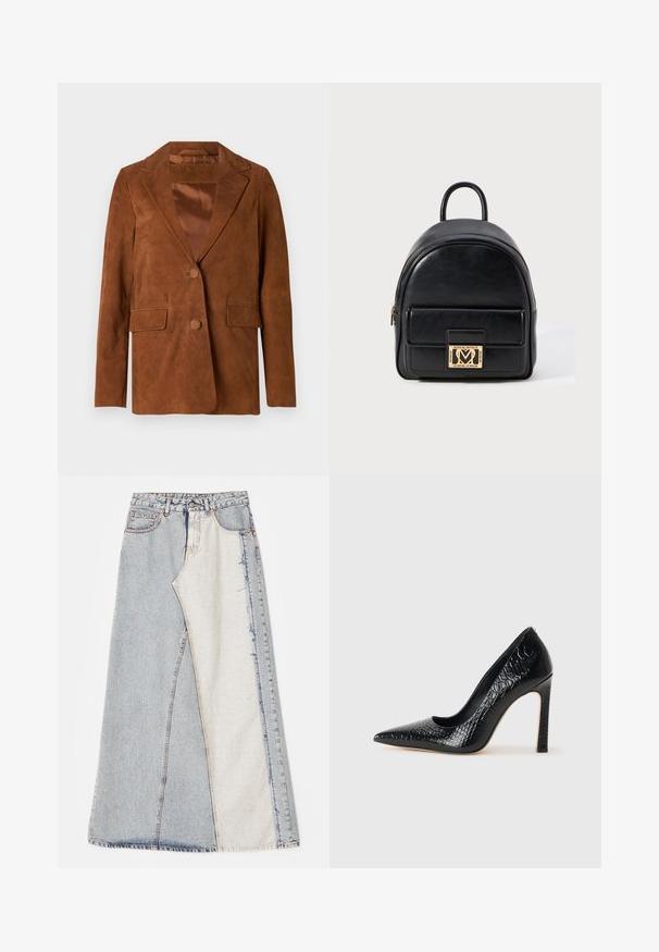 Hnedý semišový blejzer s klopovým golierom, dvoma prednými vreckami, jedným gombíkom na uzavieranie a hladkým saténovým podšívkou.; Čierny tielko s tenkými ramienkami, vyrobené z rebrovanej tkaniny, s rovnými okrajmi a označením na výstrihu s nápisom "IVY OAK."; Džínová sukňa s patchworkovým dizajnom, obsahujúca svetlomodré a stredne modré časti, s roztrhnutými okrajmi a vysokým pásom. Klasický štýl s piatimi vreckami.; Čierna lodička s špicatou špičkou a lakovanou textúrou krokodíla, s elegantným dizajnom, vysokým stiletto podpätkom a hladkým čiernym interiérom.; Čierny kožený mini ruksak s prednou zipsovou kapsou a zlatým emblémom Love Moschino na bielom pozadí.