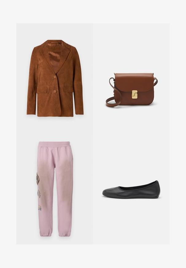 Smeđi antilop sako s izrezanom reverom, dva prednja džepa, zatvaranje na jedno dugme i glatka satenska podstava.; Bijela majica s kratkim rukavima izrađena od rebraste tkanine. Okrugli izrez, klasičan kroj i suptilni detalji šivanja. Bez uzoraka ili grafika.; Roze trenirke s elastičnim pojasom, koje imaju ukrasne zakrpe u obliku dijamanta s lijeve strane i elastične manžete na gležnjevima.; Crne kožne baletanke s zaobljenim vrhom, glatke teksture, minimalnim detaljima šavova i fleksibilnim dizajnom potplata.; Smeđa kožna torba s preklopom, zlatnim detaljima, remenom za nošenje preko ramena i glatkom teksturom. Kompaktni pravokutni oblik.