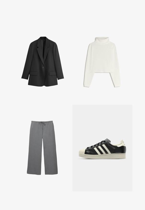 THE SET Sacou - black; Pulover alb cu guler înalt, cu mâneci lungi, design cropped și textură moale. Are un guler structurat și manșete ajustate.; Pantaloni gri cu croială largă, confecționați dintr-un material moale, având un elastic în talie cu șnur și o textură netedă. Design simplu, fără modele.; Sneaker din piele neagră cu dungi albe, vârf din cauciuc, șireturi negre și talpă de culoare crem. Textură netedă cu finisaj strălucitor.