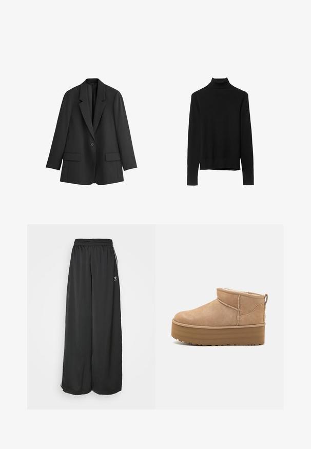 THE SET Suknjič - black; Črna pulover majica z visoko ovratnikom, izdelana iz mehkega pletenega materiala. Ima dolge rokave in prilegajočo se zasnovo s ravnim robom.; Črne proste trenirke iz gladkega materiala. Imajo elastičen pas in stranske črte z logotipom.; Bež zamatne gležnjarje s puhastim notranjim delom, ki imajo platformo in zanka na hrbtni strani za enostavno obuvanje. Teksturiran gumen podplat.