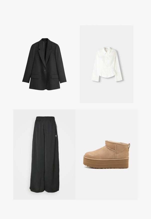 THE SET Blazer - black; Vit skjorta med lång ärm, med klassisk krage, strukturerad passform och subtila vertikala sömmar för extra detalj.; Svarta lösa träningsbyxor i mjukt tyg. Har en elastisk midja och sidoflikar med logodetaljer.; Beiga mockaskängor till anklarna med en mjuk inredning, med en plattformssula och en dragsko baktill för enkel påtagning. Mönstrad gummisula.