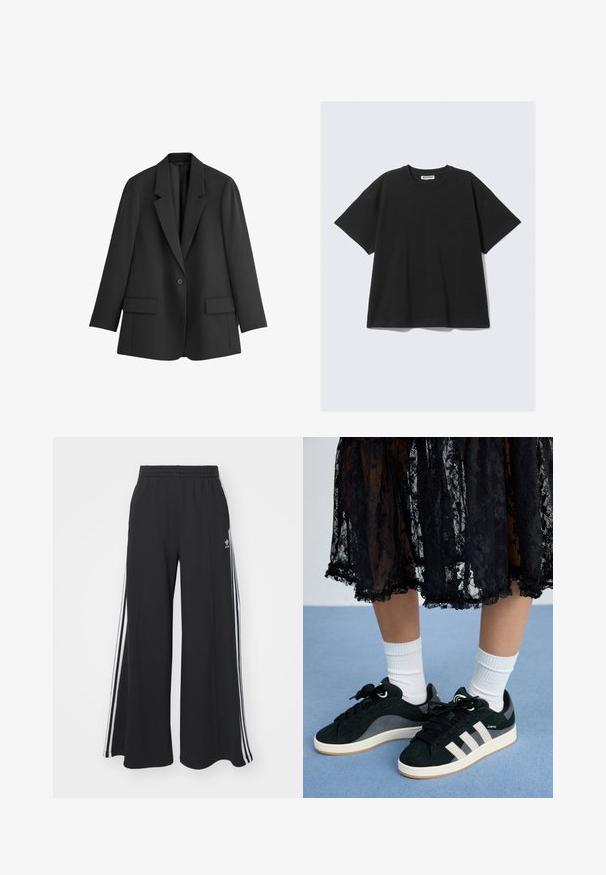 THE SET Bleiseri - black; Musta lyhythihainen t-paita puuvillasta, rentoon istuvuuteen, pyöreään kaulukseen ja minimalistiseen muotoiluun. Ei kuvioita tai näkyviä korostuksia.; Mustat löysät verkkarit, joissa on joustava vyötärö, valkoiset sivuraidat ja brodeerattu logo vasemmassa reidessä.; Musta pitsihame korostaa valkoisia sukkia ja mustia kenkiä vaaleanharmailla raidoilla sinisellä taustalla, tuoden esiin tyylikkään rentoa ilmettä.