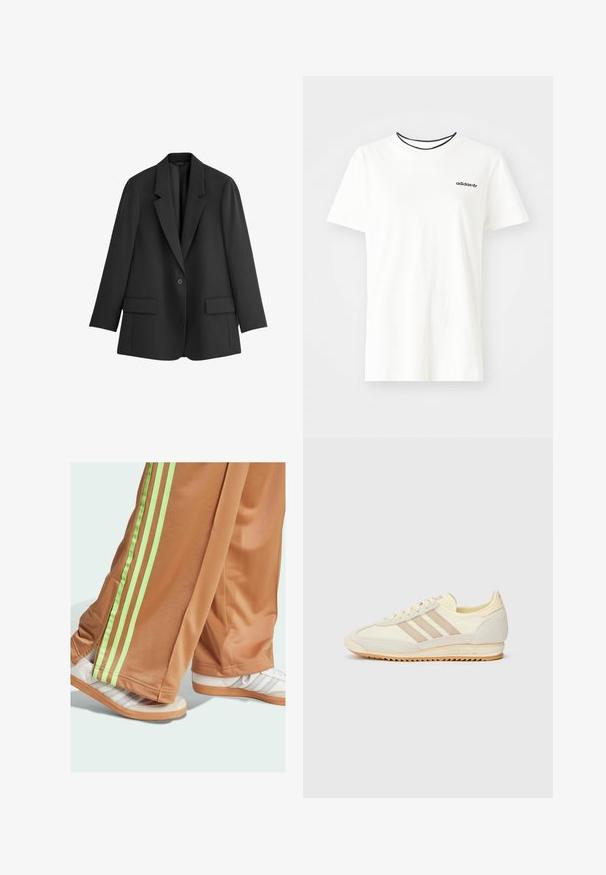 THE SET Blejzer - black; Biela bavlnená tričko s krátkymi rukávmi a okrúhlym výstrihom. Obsahuje čierne logo Adidas na hrudi a kontrastný čierny vnútorný golier.; Hnedé športové nohavice so zelenými bočnými pruhmi, skombinované s bielymi teniskami so sivými pruhmi a gumovou podrážkou. Dizajn zdôrazňuje pohodlie.; Krémové športové tenisky s tromi béžovými pruhmi, z kombinácie semišu a textilného materiálu, so štruktúrovanou podrážkou a reliéfne navrhnutým logom na päte.