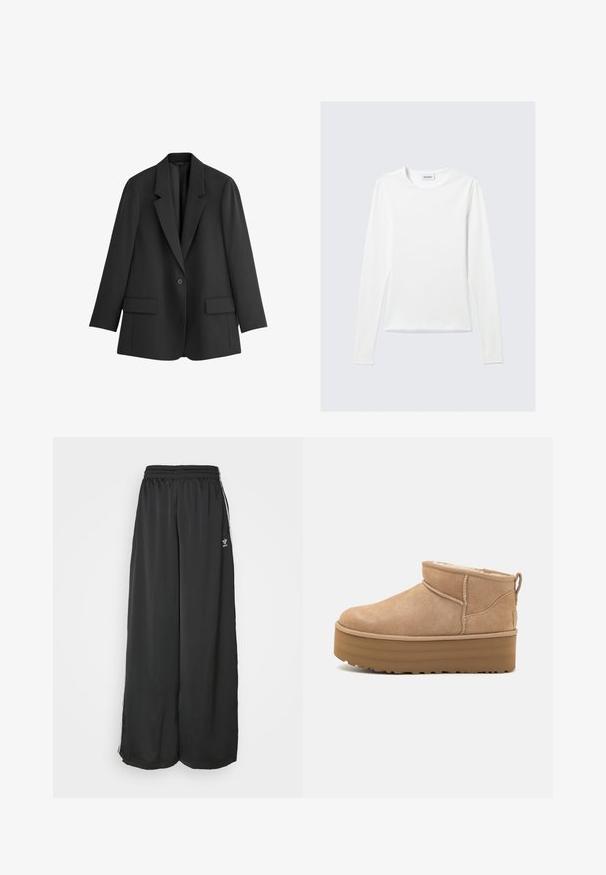 THE SET Blazer - black; Witte longsleeve T-shirt met ronde hals en een "WEEKDAY" label op de binnenkant van de kraag, plat gelegd op een lichtgrijze achtergrond.; Zwarte, loszittende trainingsbroek van gladde stof. Voorzien van een elastische tailleband en zijstrepen met logo-accenten.; Beige suède enkellaarsjes met een pluche binnenvoering, voorzien van een plateauzool en een trekhaak aan de achterkant voor gemakkelijk aantrekken. Gemêleerde rubberen zool.