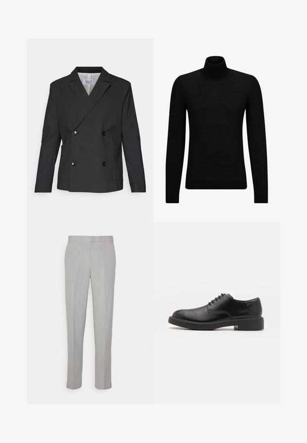 Libertine-Libertine PUBLIC - Sako - black; Čierny rolák vyrobený z jemného materiálu, s dlhými rukávmi a tesným strihom. Hranatý lem a manžety s ribbed úpravou. Jednoduchý dizajn.; Svetlo-sivé nohavice s hladkým povrchom, plochým predným dielom a rovnými nohavicami. Vyrobené z priedušnej látky, s vnútornými vreckami a pútkami na opasok.; Čierne kožené šnurovacie topánky s okrúhlou špičkou, hladkým povrchom, minimálnym prešívaním a nízkym gumovým podpätkom. Logo na podpätku.