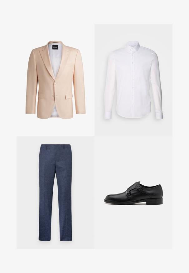 Svetlo broskyňový sak s upraveným strihom vyrobené z hladkej tkaniny. Obsahuje klopové reverzné golieriky, dva predné gombíky a dve predné vrecká. Viditeľná biela podšívka.; Biela košeľa s dlhým rukávom, vyrobená z bavlny, s klasickým golierom, prednými gombíkmi a minimálnym prešívaním.; Námornícke modré nohavice vyrobené z textúrovanej látky, s rovnými nohavicami, plochým predkom a dvoma bočnými vreckami. Žiadne viditeľné vzory ani akcenty.; Čierne kožené spoločenské topánky s dvojitými prackami, elegantným siluetou a okrúhlou špičkou. Majú nízky opätok a hladký povrch.
