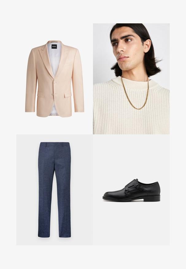 Hellpfirsichfarbene, taillierte Sakko aus glattem Stoff. Mit Reverskragen, zwei vorderen Knöpfen und zwei frontalen Taschen. Weiße Futter sichtbar.; Weißes Langarm-Hemd aus Baumwolle, mit klassischem Kragen, vorderen Knöpfen und minimalen Nähdetails.; Marineblaue Hose aus einem strukturierten Stoff, mit geraden Beinen, flachem Vorderteil und zwei seitlichen Taschen. Keine sichtbaren Muster oder Akzente.; Schwarze Leder- Schnürschuhe mit doppelten Schnallen, schlanker Silhouette und runder Zehenpartie. Sie verfügen über einen niedrigen Absatz und eine glatte Textur.; Goldene Halskette über einem cremefarbenen, gerippten Strickpullover getragen; weiche Textur mit hohem Kragen und einem subtilen Muster im Gewebe.