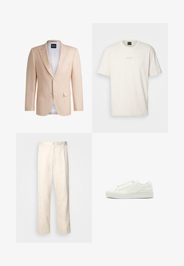 Hellpfirsichfarbene, taillierte Sakko aus glattem Stoff. Mit Reverskragen, zwei vorderen Knöpfen und zwei frontalen Taschen. Weiße Futter sichtbar.; BOSS TEE - T-Shirt basic - open white; Beige Baumwollhose mit geradem Bein, ausgestattet mit einem Knopfverschluss und Falten an der Vorderseite für zusätzliche Details.; Weiße Leder-Sneaker mit strukturierter Oberseite, runder Zehenform, minimalistischem Design und Gummisohle mit gestickten Details.
