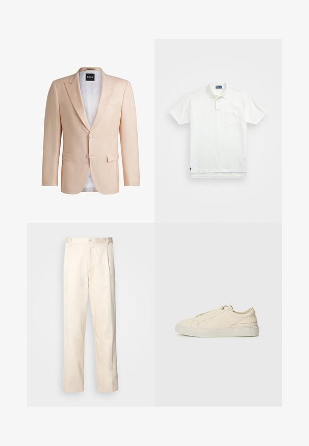 Světlý broskvový přizpůsobený sakou vyrobený z hladkého materiálu. Obsahuje klopové límce, dva přední knoflíky a dvě přední kapsy. Viditelná bílá podšívka.; Bílá polo košile vyrobená z bavlny, s klasickým límcem, tříknoflíkovou légou a kapsičkou na levé straně hrudi; malá nášivka na lemu.; Bežové bavlněné kalhoty se střihy rovného nohavice, s knoflíkovým zapínáním a záhyby vpředu pro zvýraznění detailu.; Krémové kožené tenisky s kulatou špičkou, minimalistickým designem, jemnými švy a texturovaným svrškem, na světlé podrážce.