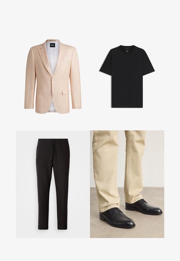 Hellpfirsichfarbene, taillierte Sakko aus glattem Stoff. Mit Reverskragen, zwei vorderen Knöpfen und zwei frontalen Taschen. Weiße Futter sichtbar.; Schwarz T-Shirt mit kurzen Ärmeln aus einem glatten Baumwollmix, mit Rundhalsausschnitt und einem minimalistischen Design ohne Muster oder Akzente.; Schwarze Jogginghose aus glattem Stoff. Mit einem elastischen Bund und Kordelzug, schmal zulaufenden Beinen und ohne sichtbare Taschen. Einfaches Design.; Schwarze Leder Schnürschuhe mit runder Zehenform, glatter Oberfläche und dezenten Nähdetails, getragen mit hellbeigen Hosen.
