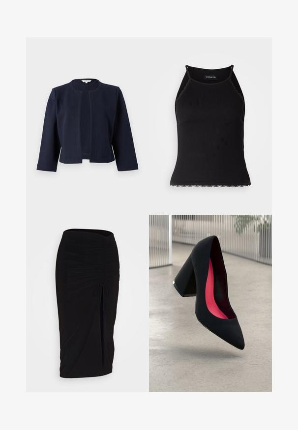 Casaco cropped azul-marinho feito de tecido texturizado, com decote redondo e frente aberta, apresentando mangas de comprimento três quartos.; T-shirt sem mangas preto com acabamento em renda frisada na barra. Apresenta alças finas e um design justo. Feito de um tecido elástico.; Saia lápis preta, franzida, com detalhe de laço e uma fenda lateral. Feita de um tecido elástico, apresenta uma textura suave e um design justo ao corpo.; Sapato de salto alto preto com bico puntiagudo, superfície texturizada e um interior vibrante em rosa. Apresenta um salto grosso com detalhe em prata.