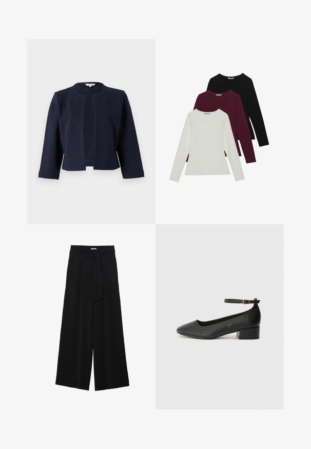 Laivastonsininen lyhyt takki, joka on valmistettu teksturoidusta kankaasta. Takissa on pyöreä kaula-aukko ja avoin etuosa sekä kolmanneksen mittaiset hihat.; Pitkähihaiset t-paidat valkoisena, burgundinpunaisena ja mustana. Valmistettu pehmeästä kankaasta, jossa on pyöreä kaula-aukko ja vartalonmyötäinen muotoilu. Sopii hyvin kerroksittain käytettäväksi.; Mustat leveät housut, joissa on teksturoitu kangas, joustava vyötärö ja irrotettava nauha vyötäröllä säädettävää istuvuutta varten.; Mustat nahkakengät, joissa on terävä kärki ja matala lohkare korko. Varustettu nilkkahihnalla, jossa on kultasävyinen solki. Lisää sileä pinta.