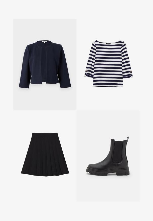 Marineblaues, kurzes Jackett aus strukturiertem Stoff, mit runden Ausschnitt und offener Front sowie drei Viertel langen Ärmeln.; Gestreiftes Langarmoberteil in Marineblau und Weiß mit einem Bootsausschnitt und goldfarbenen Knopfdetails an den hochgekrempelten Ärmeln. Weicher Stoff, entspannter Schnitt.; Schwarzer, plissierter Rock aus strukturiertem Stoff mit einem taillierten Bund. Fällt knielang und hat eine glatte, klare Silhouette.; Schwarze Leder-Ankle-Boots mit elastischen Seitenpaneelen, runder Spitze und texturierten Gummisohlen. Verfügt über eine Schlaufe an der Rückseite für ein einfaches Anziehen.