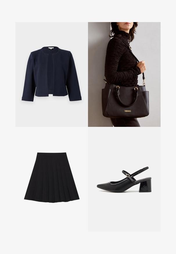 Giacca corta blu navy realizzata in tessuto texturizzato, con scollo rotondo e apertura frontale, maniche a tre quarti.; Maglietta a righe blu navy e bianca con maniche lunghe, scollo a barca e dettagli con bottoni dorati sulle maniche arrotolate. Tessuto morbido, vestibilità comoda.; Gonna nera plissettata realizzata in tessuto strutturato con una vita aderente. Cade all'altezza del ginocchio, presentando una silhouette liscia e pulita.; Décolleté in vernice nera con cinturino dietro, punta affusolata, design con ritagli arrotondati e tacco a blocco. Presenta un accento di fibbia tono oro.; Borsa nera con superficie texturizzata, manici superiori doppi e tracolla regolabile. Dotata di hardware color oro e tasche laterali.