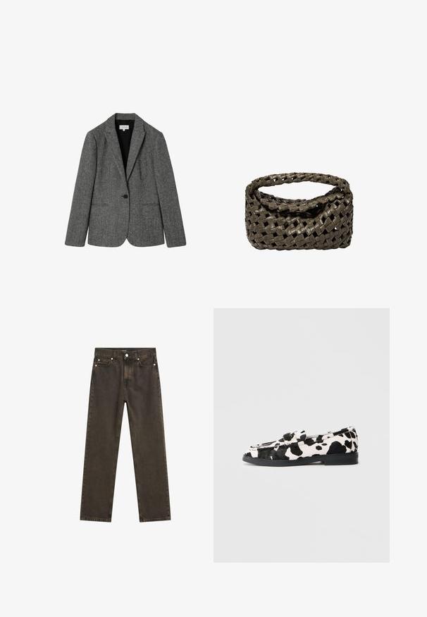 Grau melierter Wollmix-Blazer mit Reverskragen, einem Knopfverschluss und zwei vorderen Taschen. Strukturierter Stoff mit dezentem Muster.; Langärmliges Rollkragenoberteil in Creme, aus leichtem Stoff mit glatter Textur; zeichnet sich durch eine figurbetonte Silhouette und geraffte Saumdetails aus.; Dunkelbraune gerade geschnittene Jeans aus Denim mit einem klassischen Fünf-Taschen-Design, metallischen Beschlägen und sichtbaren Nähdetails.; Schwarz-weiße Kuhflecken-Lederschuhe mit flacher Gummisohle, ausgestattet mit einer glatten Oberfläche und abgerundetem Zehendesign. Verstellbare Riemenakzente im oberen Bereich.; Gewebte Handtasche aus dunkelolivgrünem Leder, mit einem runden Oberhandgriff und einer weichen, strukturierten Oberfläche im Hobo-Stil.; Silberne Creolen mit polierter Oberfläche, die eine kreisförmige Form und einen Schwenkverschluss aufweisen, und dabei ein elegantes und minimalistisches Design betonen.