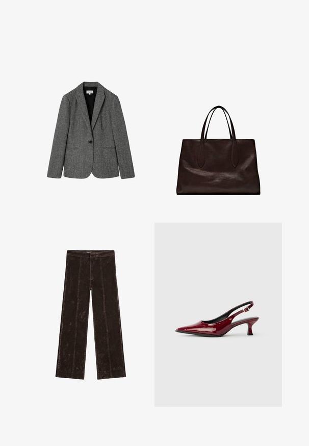 Šedý blazer z vlny s příměsí s klopami, zapínáním na jeden knoflík a dvěma předními kapsami. Texturovaná látka s jemným vzorem.; Bílá košile s dlouhým rukávem vyrobená z hladké látky, s klasickým límečkem, zapínáním na knoflíky a zakřiveným lemem. Jednoduchý design bez vzorů.; Kalhoty s širokými nohavicemi v tmavě hnědé barvě, s texturou podobnou semiši, vertikálními švy a elastickým pasem pro pohodlí.; Burgundské lakované lodičky na podpatku se špičatou špičkou a elegantním jehlovým podpatkem. Otevřená zadní část s nastavitelným páskem kolem kotníku.; Massimo Dutti Kabelka - brown