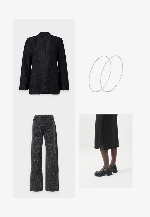 Mustmust rõivaste kombinatsioon, millel on tekstureeritud lillemuster, avatud eesmine disain ja pikad varrukad. Sile satiinvooder on nähtav.; Kuldse osaga särg hõlmadega helesegustes. Omab klassikalist krae, pikki varrukaid ja läikivat pärlite detaili, mis annab tekstuurse välimuse.; Noisy May NMJANNEL LOOSE - Avar lõikega teksad - black denim; Mustad mustad jalatsid ümmarguse varbaga, paksu plokkniidi ja elastsete külgdetailidega, kombineeritud tumedate sukkade ja musta lõhikuga seelikuga.; Hõbedased rõngastikkaehingad minimalistlikus disainis. Ümar kuju, sile tekstuur ja õhuke profiil. Kerged ning poleeritud viimistlusega.