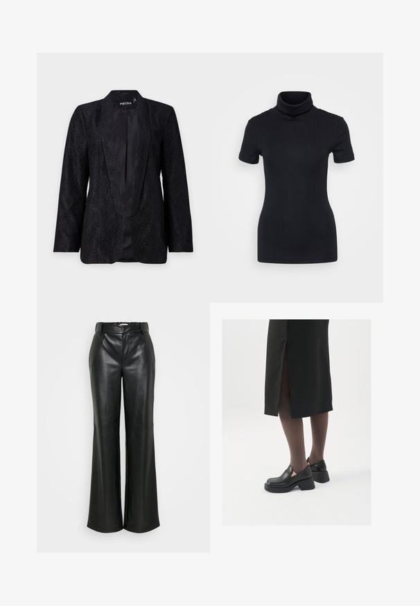 Fekete csipke blézer, textúrált virágmintával, nyitott elülső dizájnnal és hosszú ujjakkal. Simasatén bélés látható.; Fekete bordás garbó, rövid ujjú, testhez simuló dizájn, puha tapintás, minimális varrásokkal és magas gallérral.; ONLY Tall ONLSMOOTH WIDE - Nadrágok - black; Fekete bőr cipők lekerekített orral, vastag blokk sarkakkal és elasztikus oldalsó díszítésekkel, sötét harisnyával és hasítékkal ellátott fekete szoknyával párosítva.