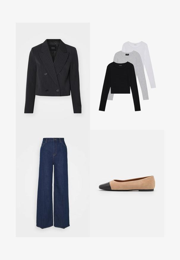 Blazer cropped a righe nere con chiusura a doppiopetto, colletto affilato e maniche lunghe, realizzato in un tessuto testurizzato.; Tre magliette a maniche lunghe impilate: nera, grigia e bianca. Ognuna ha un colletto rotondo e un design accorciato con tessuto morbido e leggero.; Jeans in denim blu scuro a vita alta e gamba larga, con tasche frontali e posteriori, chiusura con bottone e dettagli di cucitura visibili.; Ballerine in suede beige con punta tonda in pelle nera, tacco basso e texture liscia, caratterizzate da cuciture minime e un design pulito.
