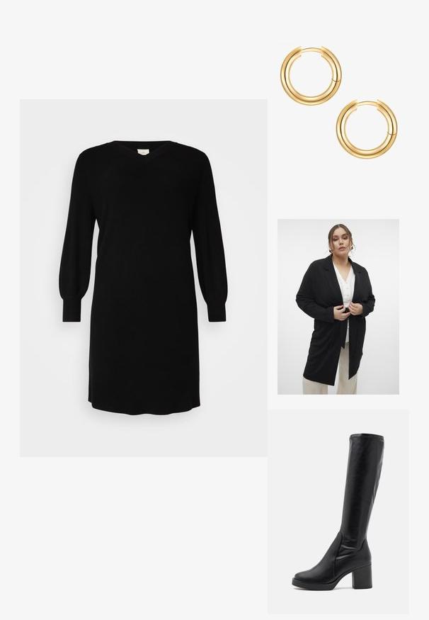 Black long-sleeve blazer with a belted waist, tailored design, and lapel collar. Worn over a white button-up shirt, paired with beige trousers.; Black knitted dress with a V-neck, long balloon sleeves, and ribbed cuffs. Simple design with a straight cut, knee-length hem.; Black knee-high boots made of smooth leather with a chunky heel and a rounded toe. Features a seamless design and subtle stitching accents.; Gold hoop earrings featuring a double-layered design. Smooth, shiny surface with a seamless closure mechanism. Round shape with a modern look.