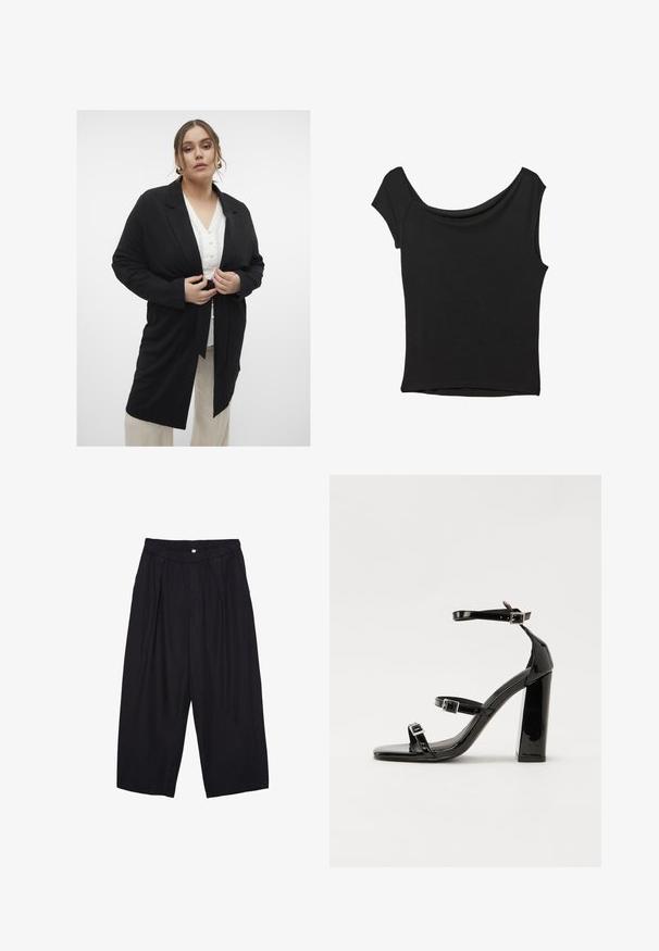 Čierny blejzer s dlhým rukávom a opaskom v páse, prispôsobený dizajn a klopový golier. Nosí sa na bielom košeľovom tričku, v kombinácii s béžovými nohavicami.; Čierny krátky rukáv top vyrobený z hladkej tkaniny; má prehnutý výstrih a asymetrický lem, s priliehavým telom.; Čierne polyesterové culotte nohavice s elastickým pásom, dvoma prednými záhybmi a voľným strihom. Žiadne viditeľné vzory ani detaily z kovu.; Čierne lakované sandále na podpätku so štvorcovou špičkou, navlečenými remienkami okolo členku a striebornými prackami. Disponujú masívnym blokovým podpätkom pre stabilitu.