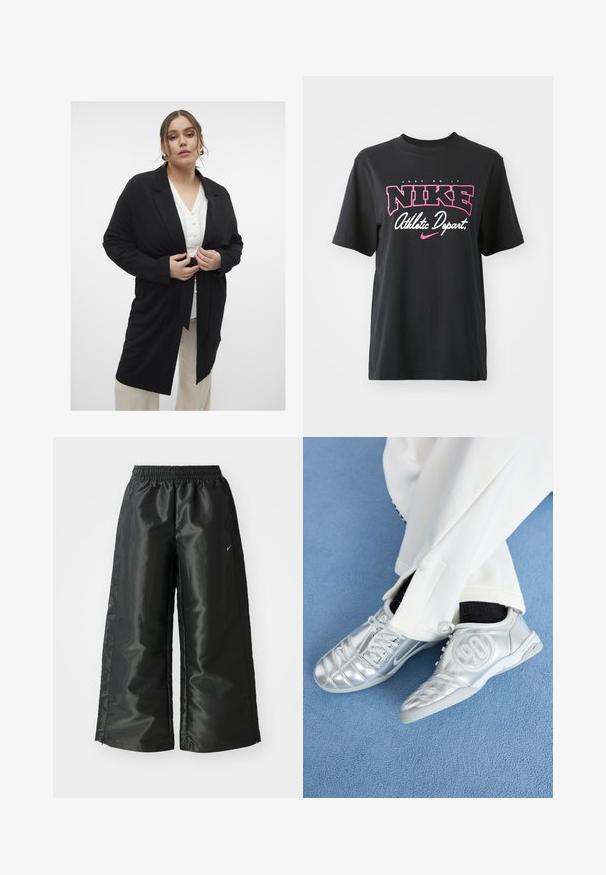 Blazer negru cu mâneci lungi, cu talie inclusă, design elegant și guler tip rever. Purtați peste o cămașă albă cu nasturi, combinat cu pantaloni bej.; Tricou din bumbac negru cu un print grafic în roz și alb, având textul "JUST DO IT," "NIKE," și "Departament Atlet." Croială standard.; Pantaloni sportivi negri dintr-un material lucios si neted, dotati cu o talie elastica, picioare late si un logo mic pe partea stanga.; Pantofi sport argintii cu un finisaj neted și lucios, având un design cusut și cifra 90 pe lateral, asortați cu pantaloni albi.