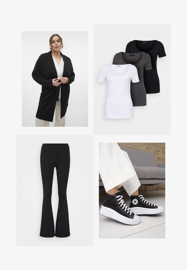 Fekete, hosszú ujjú blézer övvel a deréknál, szabott dizájnnal és hajtókás gallérral. Egy fehér ing fölött viselve, bézs nadrággal párosítva.; Három szűkített T-póló fehér, szürke és fekete színben. Mindegyik széles, kerek nyakkal és rövid ujjakkal rendelkezik. Simább, elasztikus anyagból készült.; Fekete harangszárú nadrág, rugalmas anyagból készült, magas derékkal és sima felülettel. A nadrág a térdtől kezdve bővül.; Fekete vászon magas szárú tornacipők fehér gumitalppal és fűzővel. Az oldalon egy kör alakú logó található, és kontrasztos fehér varrásokkal rendelkezik.