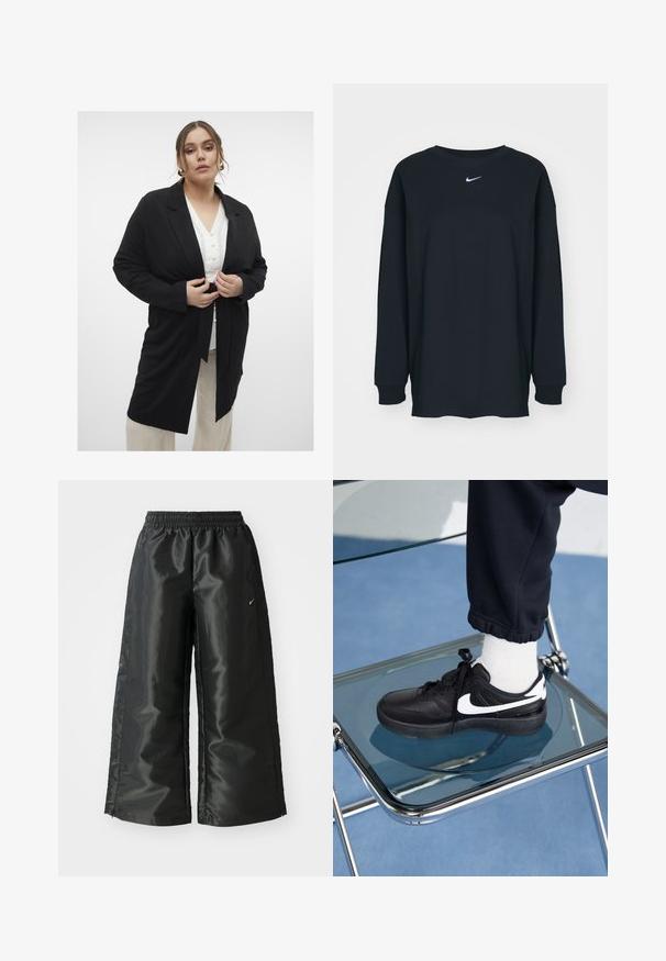 Blazer negru cu mâneci lungi, cu talie inclusă, design elegant și guler tip rever. Purtați peste o cămașă albă cu nasturi, combinat cu pantaloni bej.; Tricou negru cu mânecă lungă din bumbac, cu guler rotund. Prezintă un logo alb Nike pe piept. Textură moale, design simplu.; Pantaloni sportivi negri dintr-un material lucios si neted, dotati cu o talie elastica, picioare late si un logo mic pe partea stanga.; Adidași negri Nike cu accente albe, cu o textură de piele netedă, design cu șireturi și vârf rotunjit, așezați pe un scaun din sticlă.