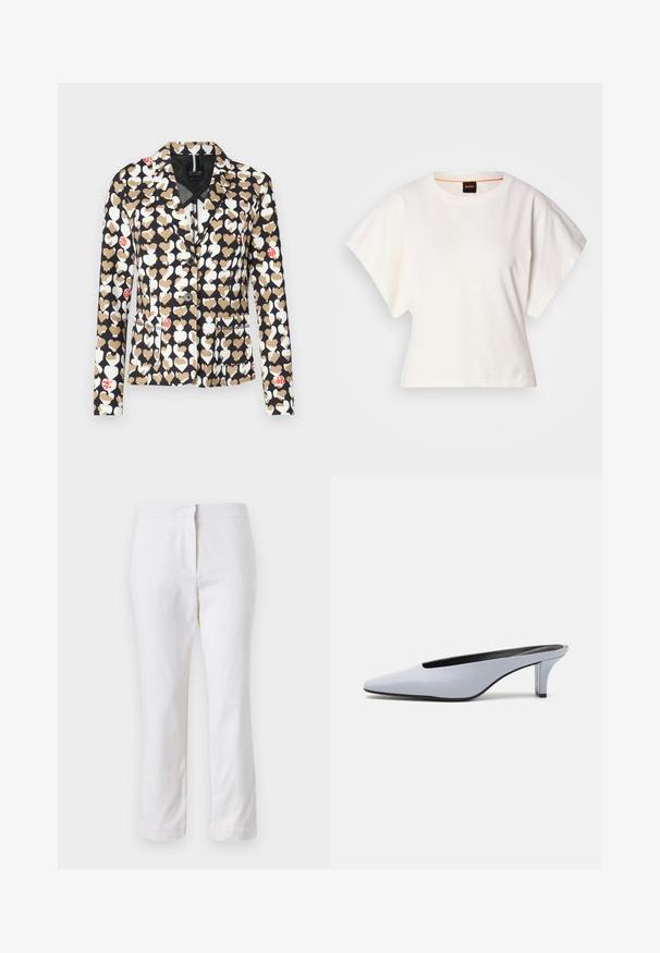 Blazer with a navy background featuring white, beige, and red heart patterns. It has a notched collar, single button, and front pockets.; White cropped T-shirt, short wide sleeves, soft cotton material, round neckline with subtle orange trim, minimal design, no patterns or graphics.; White cotton pants with a straight leg design, featuring a mid-rise waist and no visible hardware or patterns. Smooth texture throughout.; Light blue patent leather mule with a pointed toe, low transparent heel, and a sleek design featuring a cut-out at the vamp.