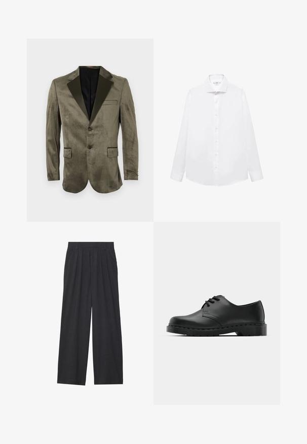 Olijfgroen fluwelen blazer met een zwarte satijnen revers, twee zakken aan de voorkant, enkele knoopsluiting en een gladde textuur.; Witte lange mouwen overhemd gemaakt van zachte katoen, met een puntige kraag, voorknopsluiting en rechte zoom.; Wijd-uitlopende broeken van donkergrijze stof. Kenmerken zijn plooien bij de taille, een tailor-made ontwerp en een rechte silhouet.; Zwarte leren oxford schoenen met vetersluiting, ronde neus, platte rubberen zool en subtiele stiksel details langs het bovenwerk.