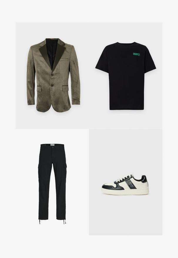 Olive green velvet blazer with a black satin lapel, two front pockets, single-button closure, and smooth texture.; Black t-shirt made of cotton with short sleeves. Features a green "ROOTS" logo on the front, round neckline, and standard fit.; Black cargo pants with a straight cut, featuring side pockets, a button closure, and elastic drawstrings at the ankles. Made from durable fabric.; Leather sneakers with a black and cream color scheme, featuring perforated accents, a padded collar, and a textured outsole.