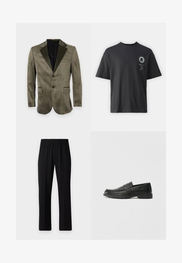 Olivgrünes Samtblazer mit schwarzem Satinrevers, zwei vorderen Taschen, Ein-Knopf-Verschluss und glatter Textur.; Schwarzes Baumwoll-T-Shirt mit kurzen Ärmeln, Rundhalsausschnitt und Vordergrafik eines Sonnen- und Mondmotivs, begleitet von dem Text "Le Soleil et La Lune."; Schwarze, Gummibund-Hosen mit geradem Schnitt, die eine glatte Textur aufweisen und keine sichtbaren Muster oder Beschläge haben.; Schwarze Lederloafers mit glatter Oberfläche, Mokassin-oberteil, genähten Details und Gummisohle. Klassisches Design mit niedrigem Absatz.