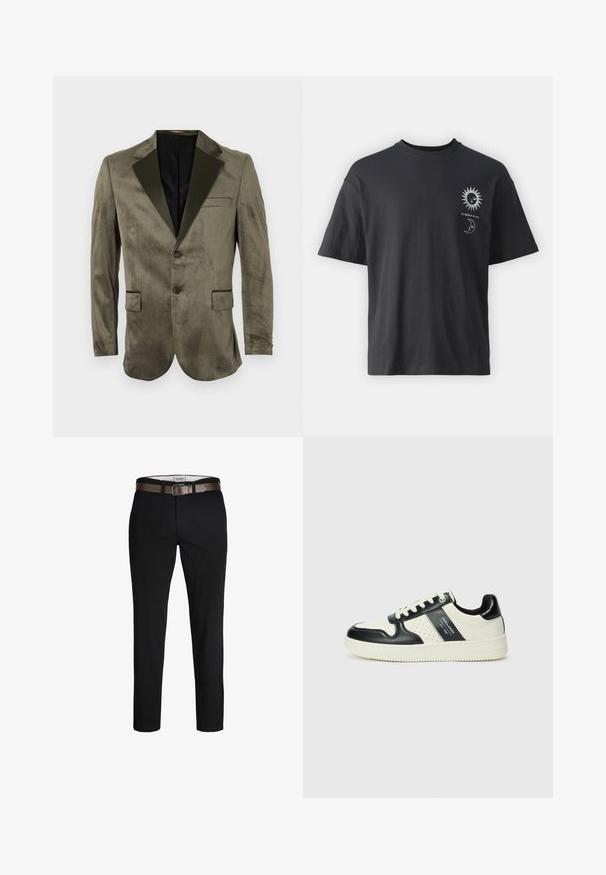 Olivengrønn fløyelsblazer med svart satenglapel, to frontlommer, enknappslukking, og glattere tekstur.; Svart bomullst-skjorte med korte ermer, rund hals og frontgrafikk av en sol og måne, ledsaget av teksten "Le Soleil et La Lune."; Sorte bomullsbukser med rett passform, som har et brunt lærbelte og en glatt tekstur. Enkel design, ingen synlige mønstre eller aksenter.; Lædersneakers med sort og creme farveskema, der har perforerede detaljer, en polstret krave og en struktureret ydersål.