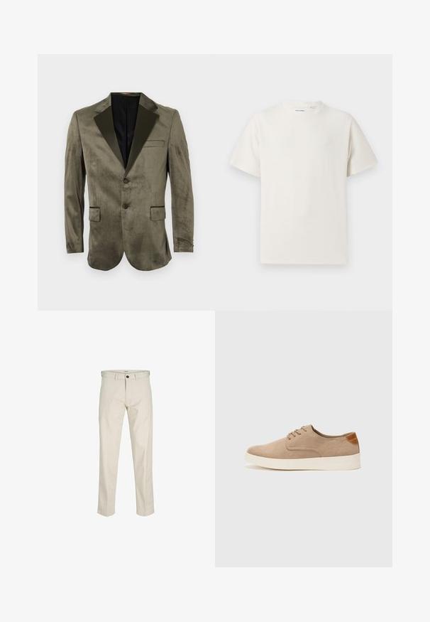 Olijfgroen fluwelen blazer met een zwarte satijnen revers, twee zakken aan de voorkant, enkele knoopsluiting en een gladde textuur.; Witte korte mouwen T-shirt met ribbelstructuur. Ronde hals, ontspannen pasvorm, geen zichtbare patronen of accenten. Eenvoudig en veelzijdig ontwerp.; Beige katoenen broeken met een rechte pasvorm, knoopsluiting, zijzakken en gestikte naden. Gladde textuur, minimale details en geen patronen.; Beige suède sneakers met een ronde neus, vetersluiting aan de voorkant en een getextureerde achteraccent. De witte rubberen zool zorgt voor contrast. Eenvoudig en modern ontwerp.