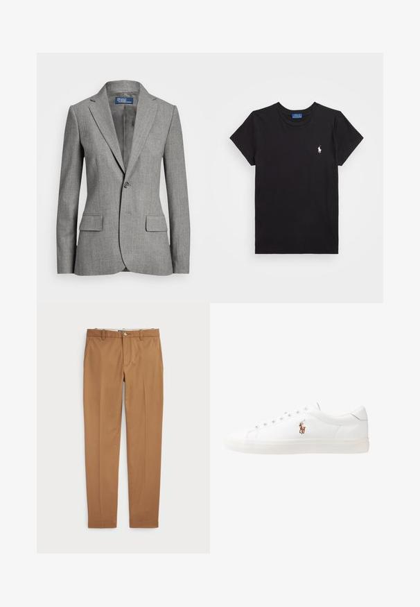 Polo Ralph Lauren Suknjič - grey; Črna bombažna majica s krožnim izrezom, kratkimi rokavi in belim vezenim logojem na levem prsnem delu. Gladka tekstura, ležeren dizajn.; Rjave bombažne hlače s slim-fit obliko, ravnim sprednje delom in standardnimi žepi; gladka tekstura in obrobljeni robovi.; Bela usnjena teniski čevlji, nizki model, z gladko teksturo, okrogle konice, vezavi spredaj ter majhnim vezenim logotipom na strani.