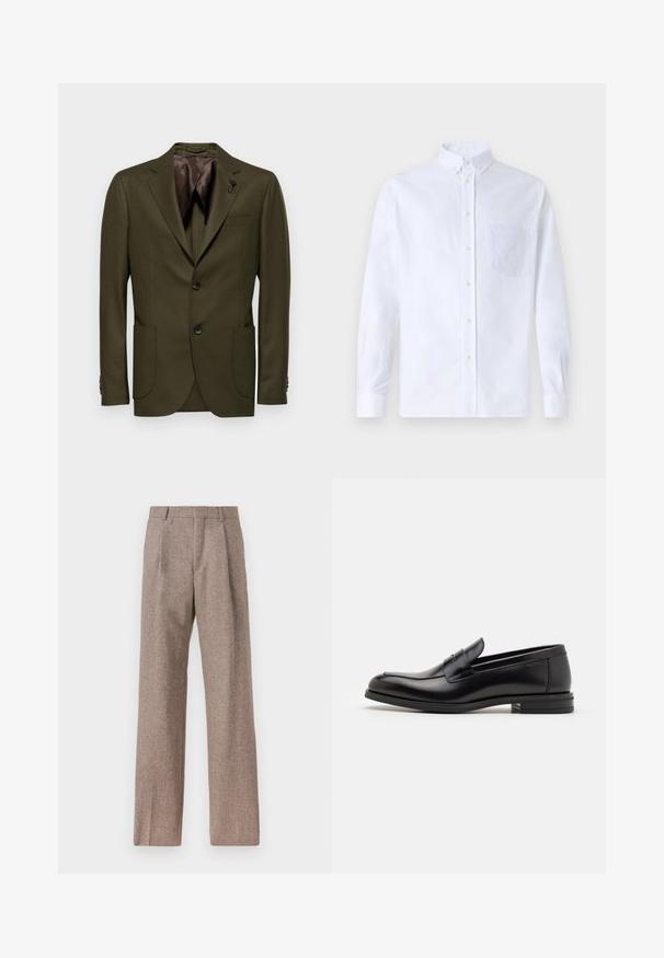 Blazer verde oliva scuro con due bottoni, revers a punta, una tasca sul petto e due tasche frontali; tessuto liscio con rivestimento interno marrone.; Camicia bianca a maniche lunghe con bottoni, realizzata in cotone, caratterizzata da una tasca sul petto con ricamo tonale, colletto e polsini con bottoni.; Pantaloni marroni a vita alta realizzati in tessuto testurizzato. Presentano gambe ampie e due pieghe frontali per struttura. Rifinitura curata senza hardware visibile.; Mocassini neri in pelle con una texture liscia, punta arrotondata e una striscia decorativa sulla tomaia. Tacco basso impilato, design minimalista.
