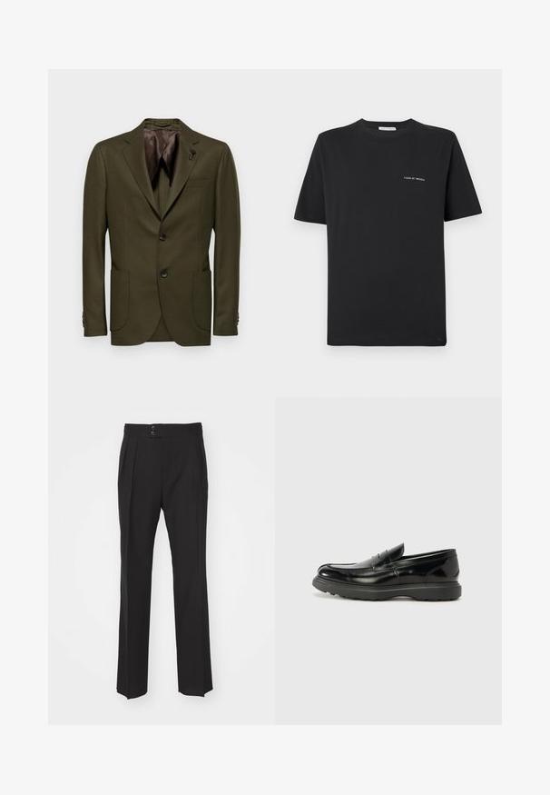 Tmavě olivově zelený blazer se dvěma knoflíky, špičatými klopami, jednou náprsní kapsou a dvěma předními kapsami; hladká tkanina s hnědou podšívkou.; Černé bavlněné tričko s kulatým výstřihem, krátkými rukávy a malým bílým logem "TIGER OF SWEDEN" na hrudi. Klasický střih.; Černé upravené kalhoty s rovnými nohavicemi, dvěma předními kapsami a zapínáním na dvojnásobný knoflík v pase. Hladký textilní materiál.; Černé kožené mokasíny s lesklým povrchem, kulatou špičkou, nenápadnými švy a silnou gumovou podrážkou pro odolnost.