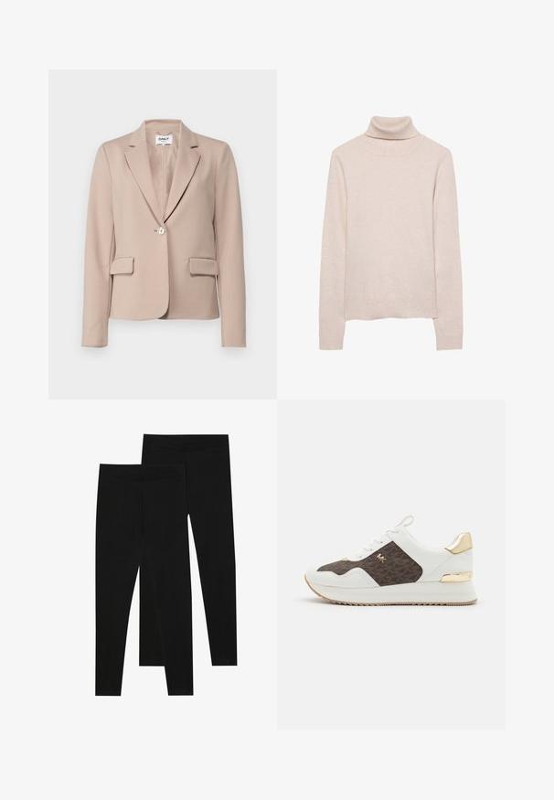 Bež ženski blazer iz gladkega materiala. Ima enojno zapiranje s gumbom, zarezne ovratnike in dve sprednji žep.; Svetrovček v svetlo roza barvi s turtleneck iz mehkega pletenega materiala. Ima dolge rokave ter rebrast ovratnik in rob. Klasična prilegajoča se zasnova.; Črne legice iz raztegljive tkanine, z brezšivnim pasom in oprijetim krojem, primerne za prosti čas ali vadbo.; Beli športni copati s panelom iz rjave tkanine z vzorcem, z zlatimi dodatki, okroglo konico, vezalnim dizajnom in teksturiranem gumijastem podplatu.