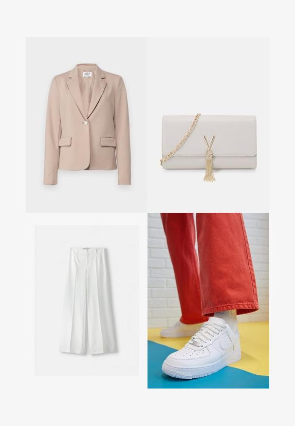 Beige naisten bleiseri, joka on valmistettu sileästä kankaasta. Varustettu yhdellä nappikiinnityksellä, lovikäänteillä ja kahdella etutaskulla.; Valkoinen lyhythihainen t-paita, joka on valmistettu sileästä kankaasta, ja jossa on pyöreä pääntie sekä hillityt ompelutiedot helmassa.; Bershka WIDE-LEG TAILORED - Housut - white; Valkoinen nahkakengät, joissa on rei'itetty varvasosa, teksturoitu pohja ja valkoiset nauhat, yhdistettynä leveisiin punaisiin housuihin ja sinikeltaiseen taustaan.; Vaaleanharmaa teko-nahkainen käsilaukku, jossa on kultaketjuolkaimet, V-muotoinen solki ja tupsuosa. Sileä rakenne, suorakulmainen muoto.