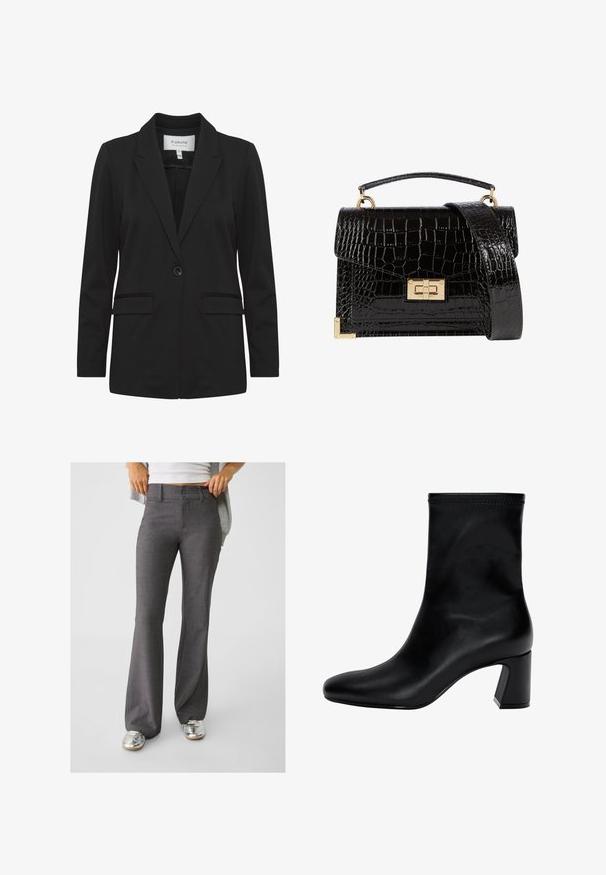 Blazer nero realizzato in tessuto liscio, con rever a gomito, chiusura a singolo bottone, due tasche frontali e maniche lunghe.; Maglione bianco a maniche lunghe con texture a coste, scollo rotondo e design aderente. Presenta dettagli di cucitura sottili sul corpo.; Pantaloni grigi a zampa d'elefante realizzati in tessuto testurizzato, con chiusura a due bottoni e passanti per la cintura, abbinati a sneakers argentate lucide.; Stivaletto nero fino alla caviglia in pelle liscia. Presenta una punta quadrata, un bordo elastico e un tacco robusto per la stabilità. Design minimalista.; Borsa a tracolla nera in pelle verniciata con texture a coccodrillo, hardware dorato, manico superiore e una tracolla removibile. Forma rettangolare con chiusura a patta.
